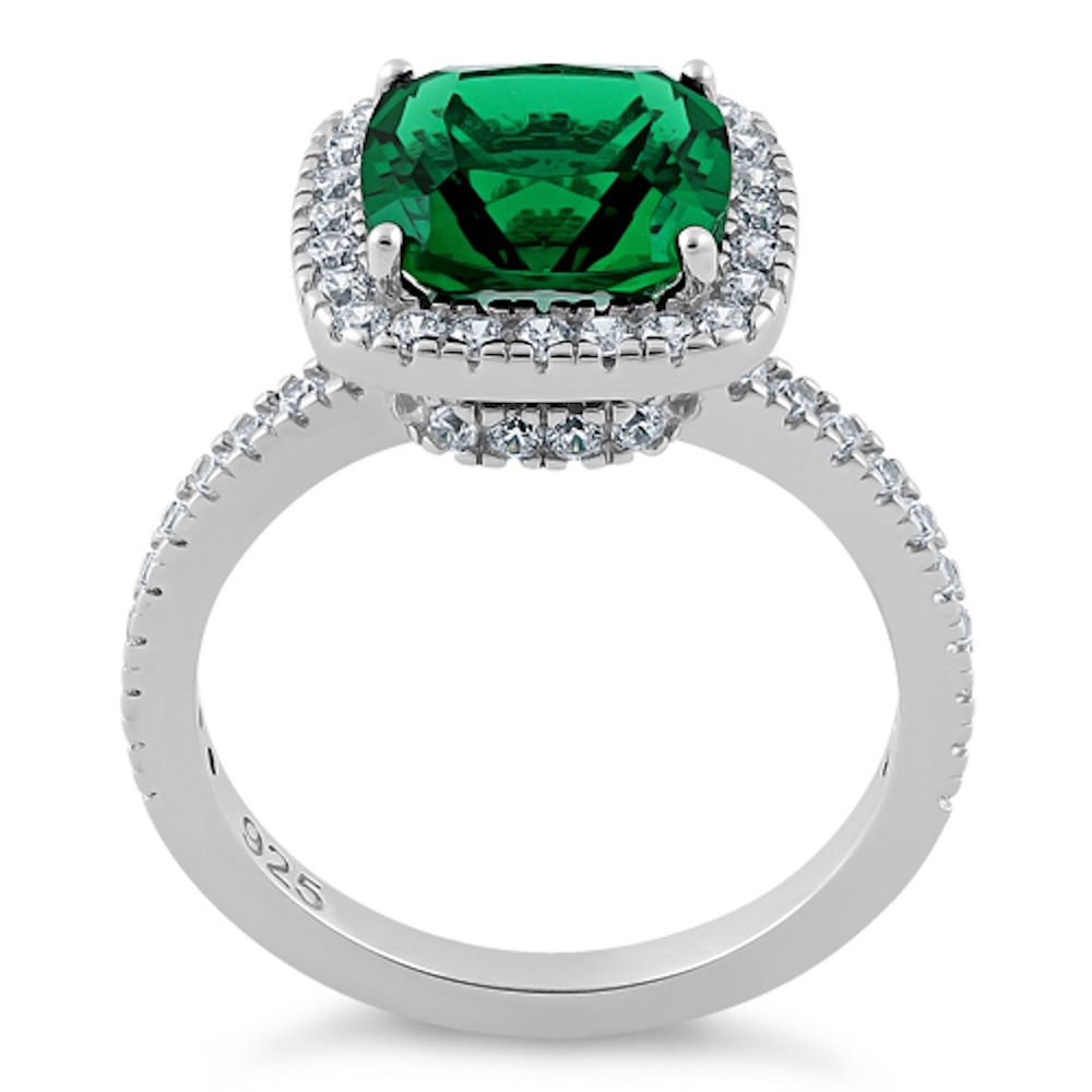 3ct Cushion Cut Emerald CZ Sterling Silver Ring